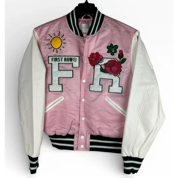 First Row Easy Hours Varsity Letter Contrast Patch Bomber Jacket Snap Pink Small - Picture 4 of 16